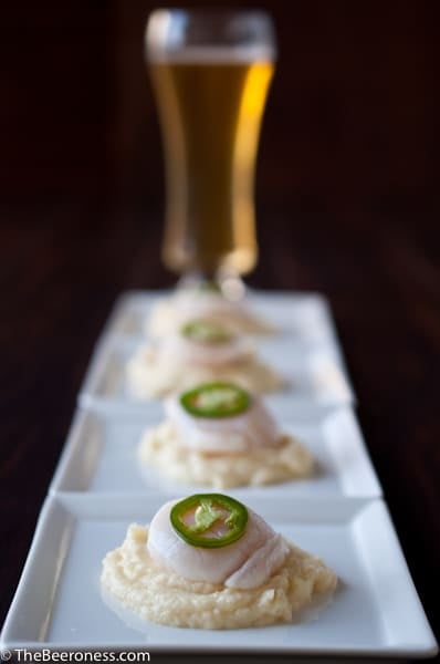 Citrus Cooked Scallops with IPA Parsnip Puree and Beer Pickled Jalapenos