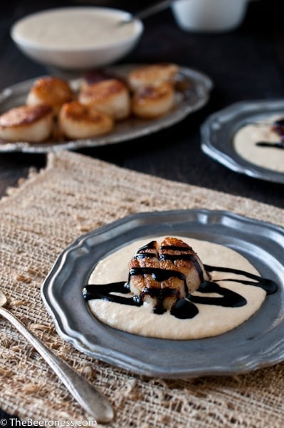 Beer Brined Scallops over Smokey Corn Puree and Stout Molasses Sauce 