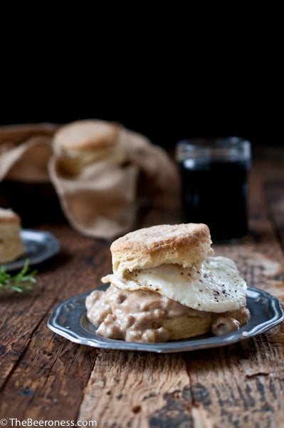 Rosemary Beer Biscuits with Stout Sausage Gravy