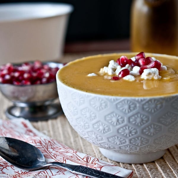 Irish Red Ale Butternut Squash Soup with Goat Cheese and Pomegranate