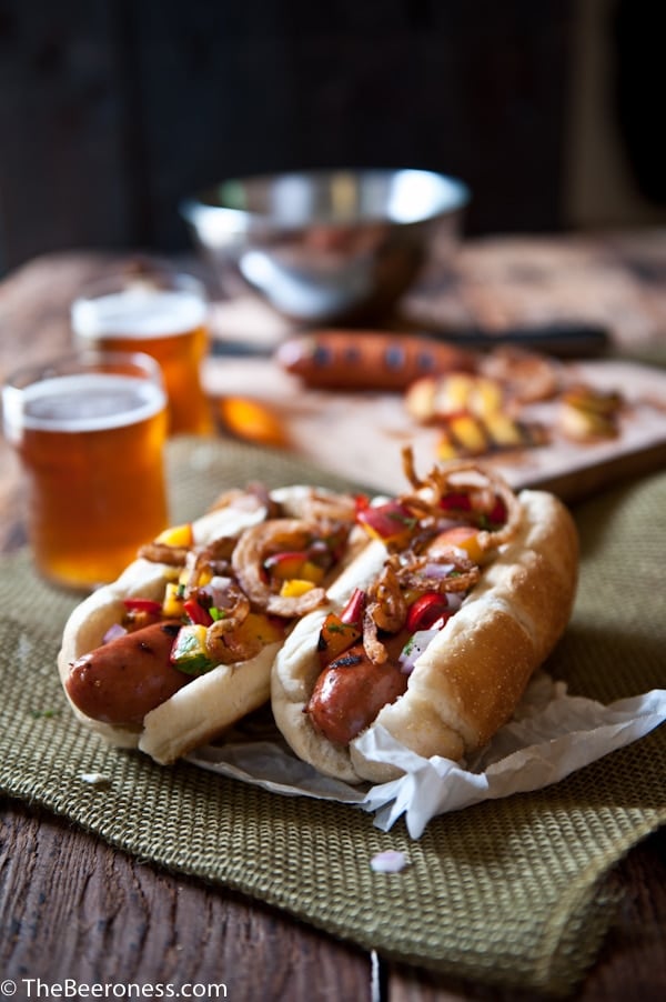Beer Brat Dogs with Grilled Peach Salsa and Fried Onions 2