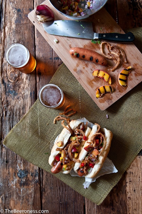 Beer Brat Dogs with Grilled Peach Salsa and Fried Onions 3