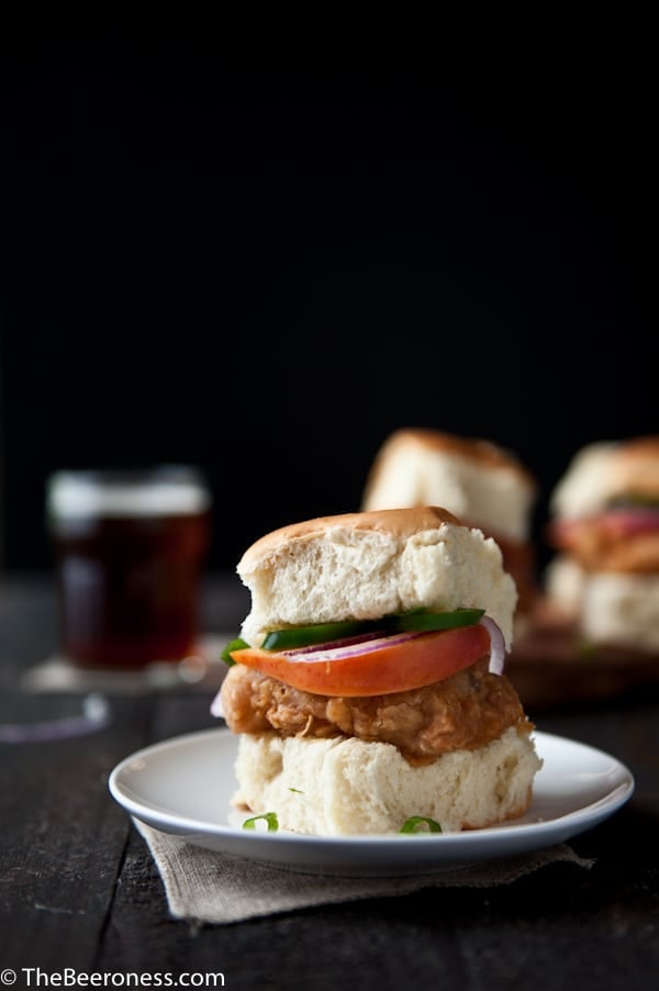 Fried Beer Chicken Sliders with Beer Pickled Peaches & Jalapenos