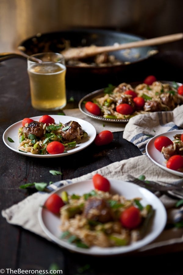 Twenty minute dinner: Asparagus and Sausage Meatball Orzo with Parmesan Beer Cream Sauce