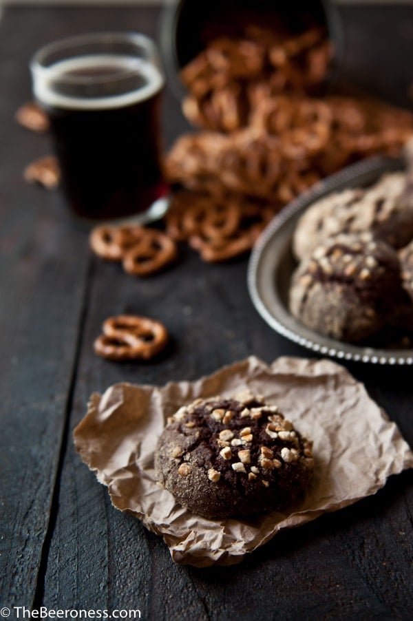 Pretzel Crusted Chocolate Beer Fudge Cookies #beer #chocolate #cookies #pretzels #recipe
