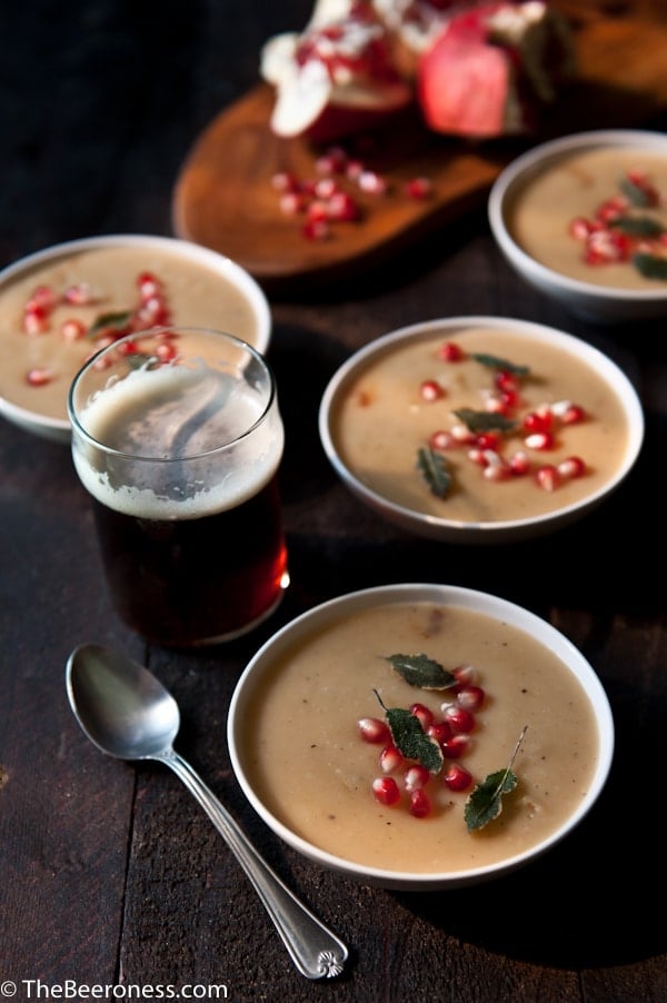 Sweet Potato and Brown Ale Soup with Crispy Sage and Pomegranates  #soup #recipe #beer #sweetpotato #pomegranate #fall