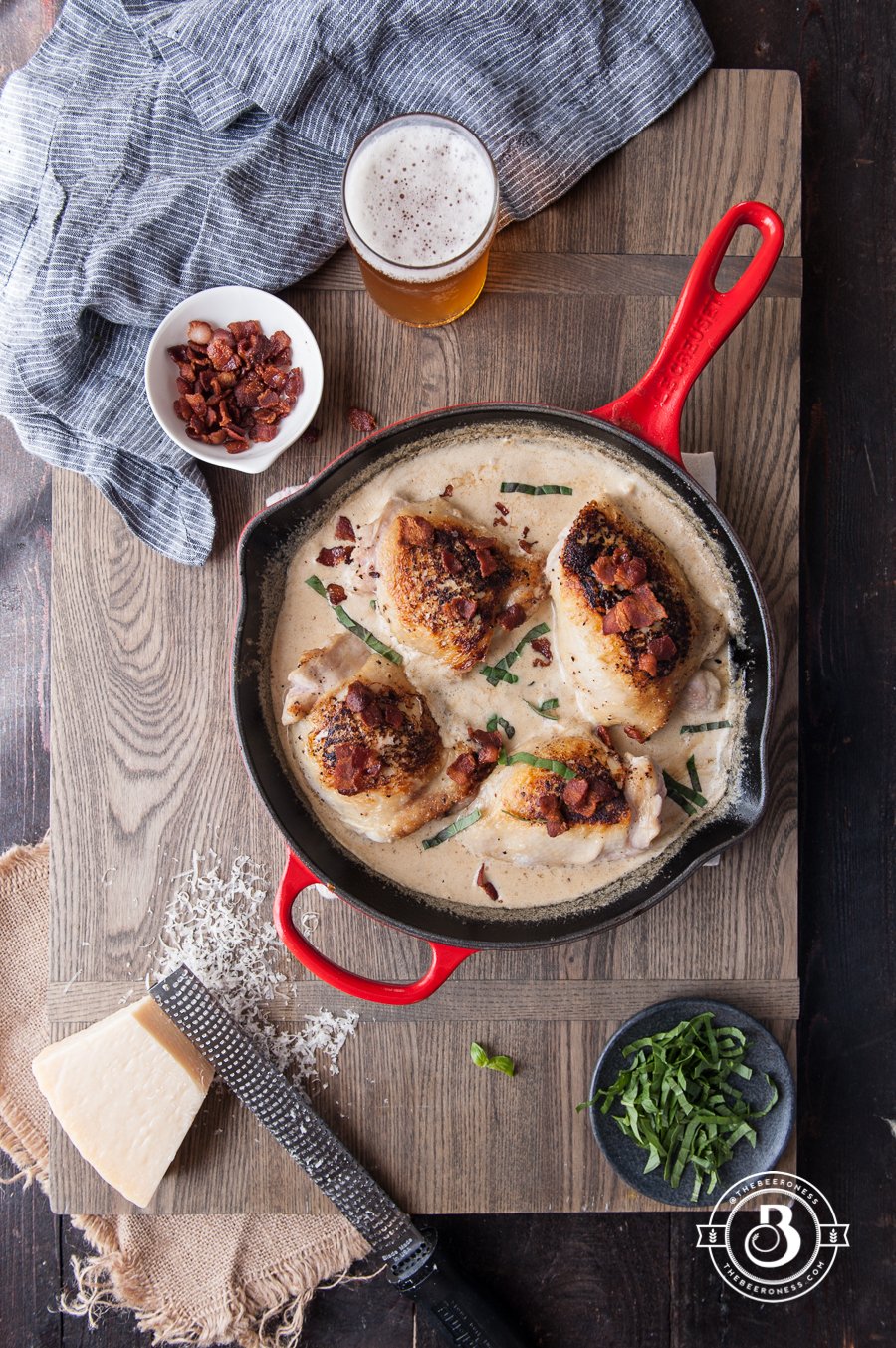 One Pot, Thirty Minutes Chicken in a Creamy Bacon Beer Sauce