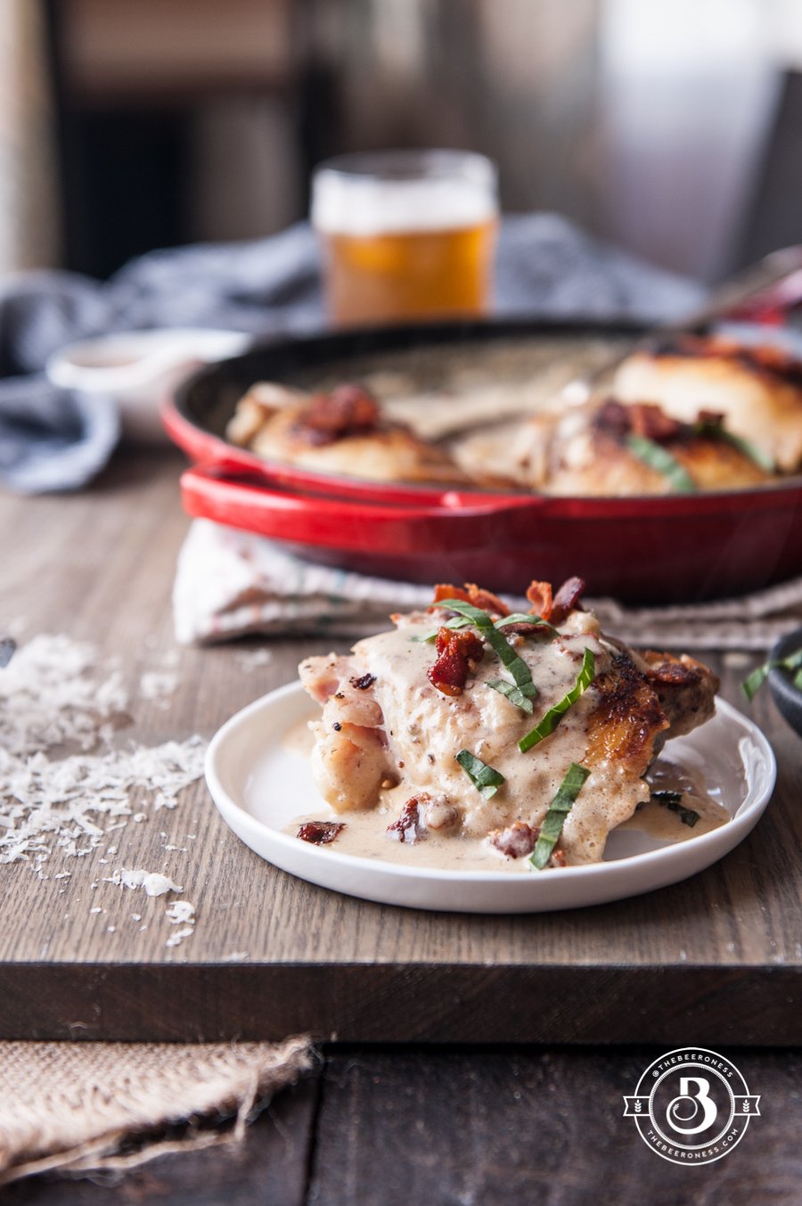 One Pot, Thirty Minutes Chicken in a Creamy Bacon Beer Sauce