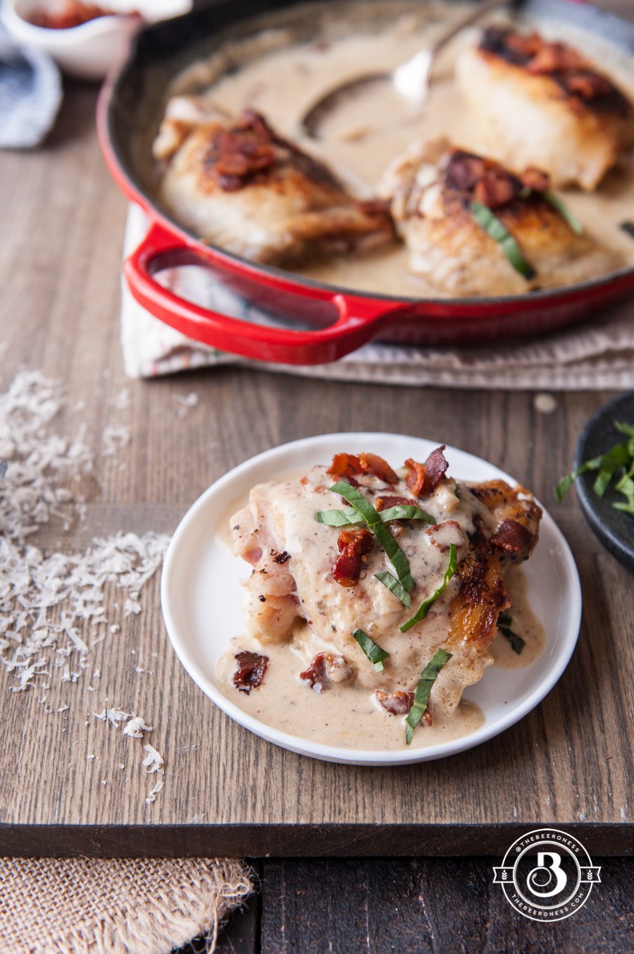 One Pot, Thirty Minutes Chicken in a Creamy Bacon Beer Sauce