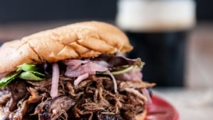 Porter Pulled Duck Burger with Beer Pickled Onions