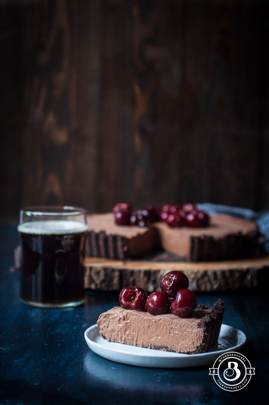 Chocolate Stout Mousse Tart with Bourbon Stout Cherries. Just a few ingredients and 20 minutes! So good, and so easy!