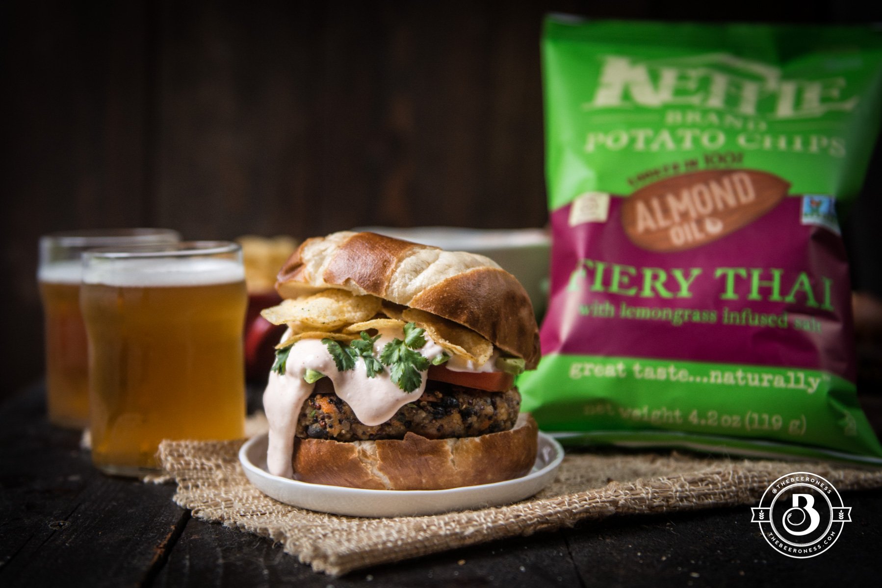 Fiery Thai Kettle Chips and Sweet Potato Burgers with Beer Sweet Chili Cream Sauce